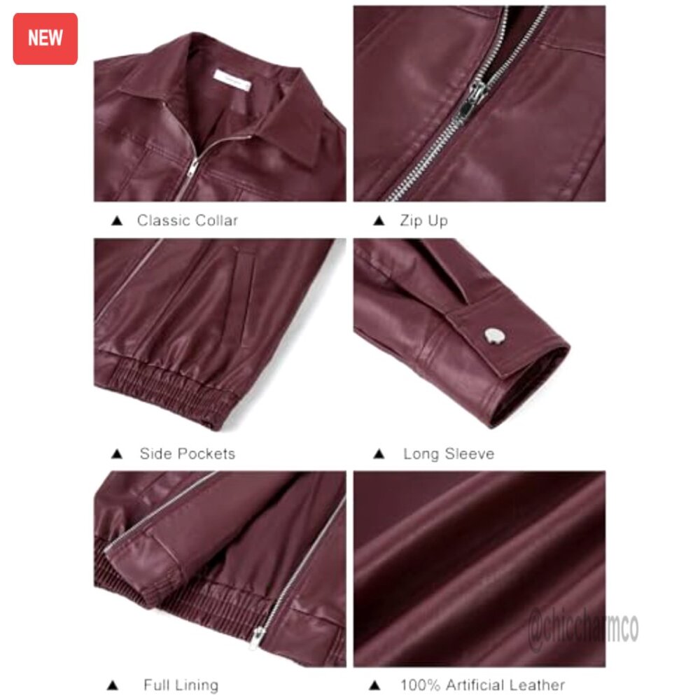 Oversized Faux Leather Bomber Jacket Motorcycle Style Zip Up Coat - Picture 6 of 7